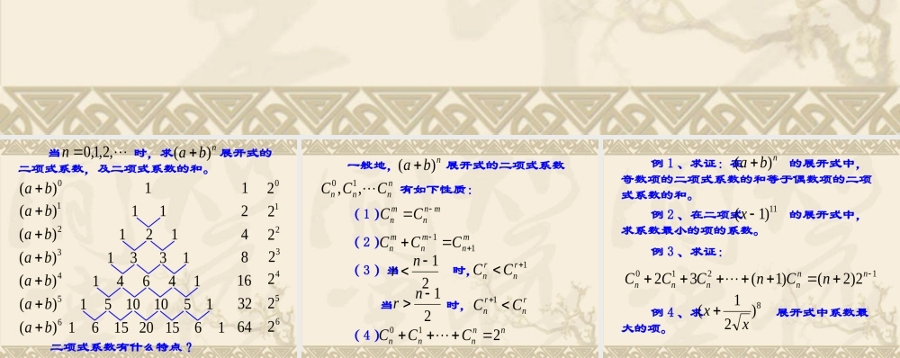 高中数学：152(二项式系数的性质及应用1)课件(苏教版选修2-3) 课件