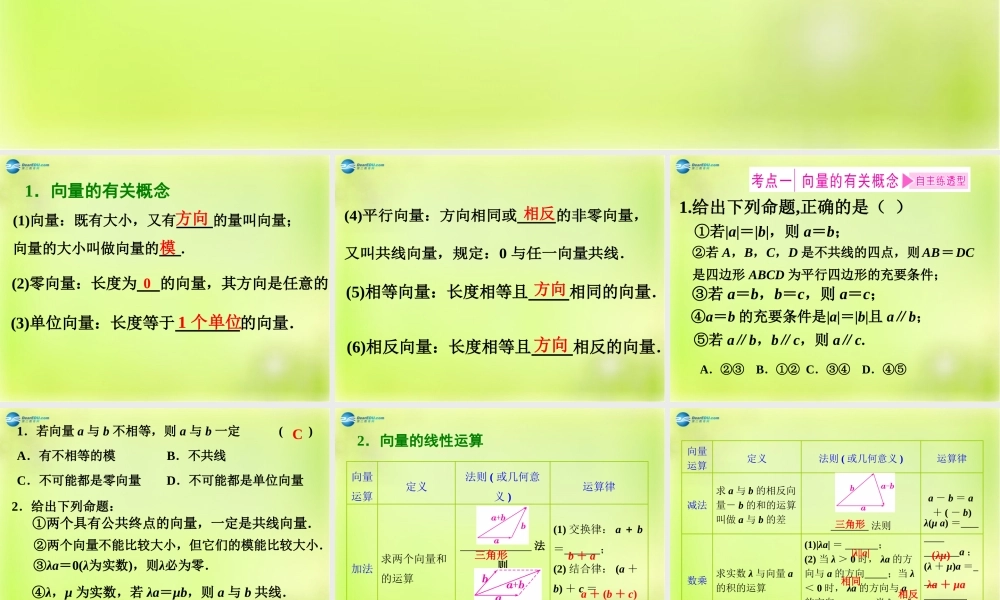 高三数学 第一节 平面向量的概念及其线性运算复习课件