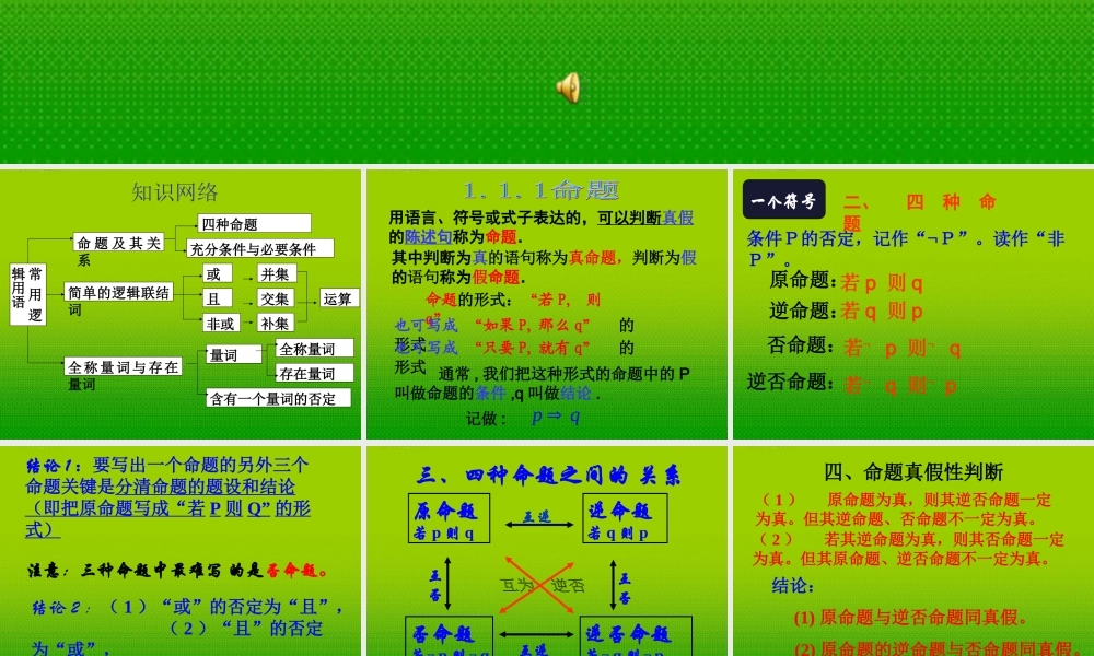 高中数学 第一章(常用逻辑用语)常用逻辑用语小结与复习课件 北师大版选修2-1 课件