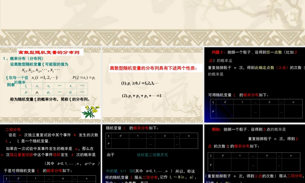 离散型随机变量第二节 辽宁省高三数学概率统计全部课件[整理九套]新课标 辽宁省高三数学概率统计全部课件[整理九套]新课标