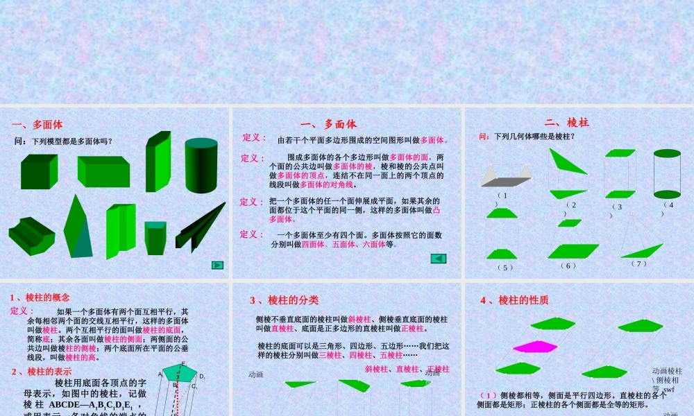 棱柱2 江苏省通州市高二数学立体几何课件集一 人教版 江苏省通州市高二数学立体几何课件集一 人教版