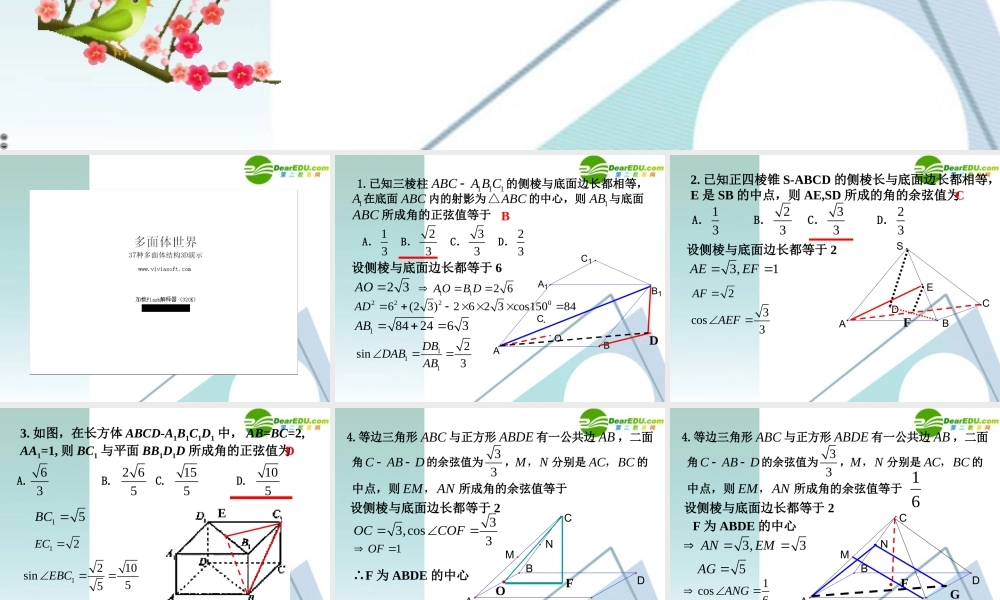 高考数学 考前复习 直线平面简单几何体问题的知识点导学02－多面体上的相关计算问题课件 新人教A版 课件