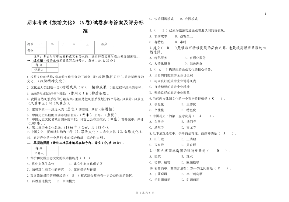 旅游文化考试试卷(A答案)_第1页