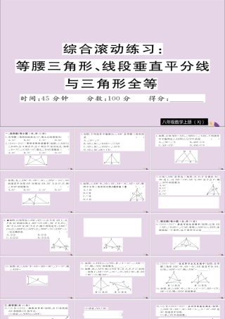 秋八年级数学上册 综合滚动练习 等腰三角形、线段垂直平分线与三角形全等习题讲评课件 (新版)湘教版 课件