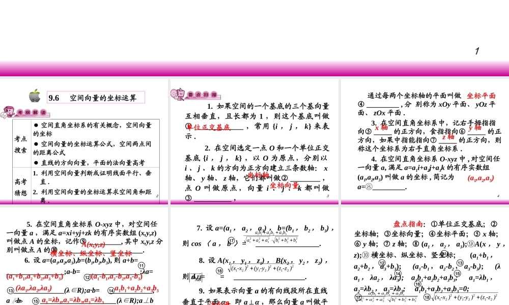 高考数学第一轮总复习9.6空间向量的坐标运算(第1课时)课件 文 (广西专版) 课件