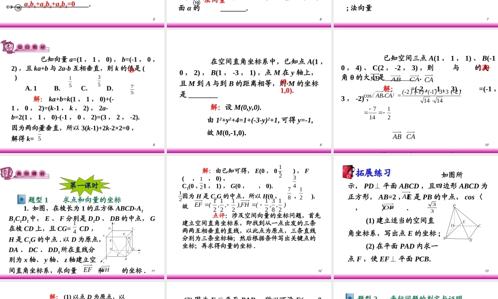 高考数学第一轮总复习9.6空间向量的坐标运算(第1课时)课件 文 (广西专版) 课件
