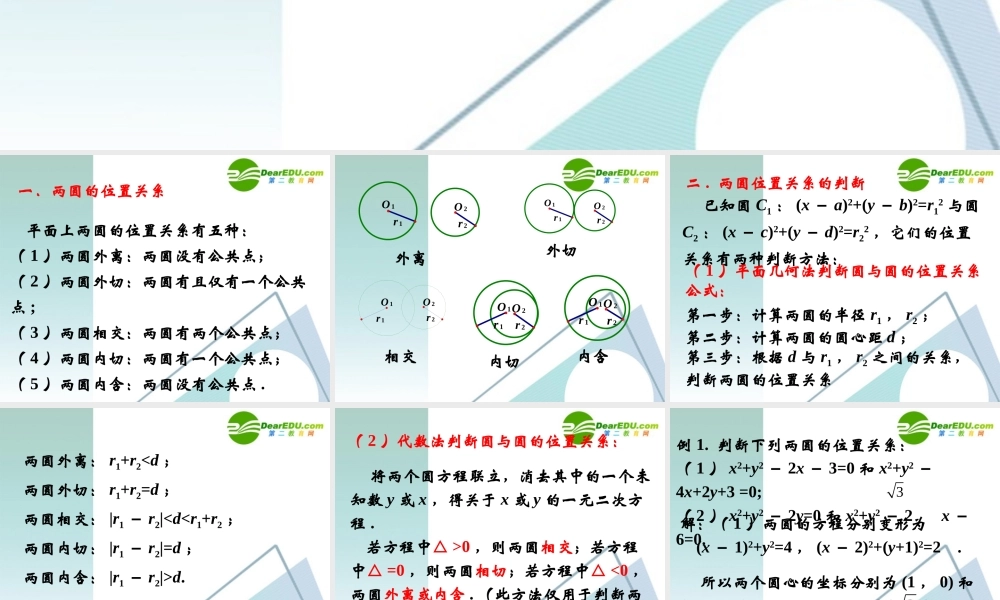 高中数学 234圆与圆的位置关系课件 新人教A版必修2 课件