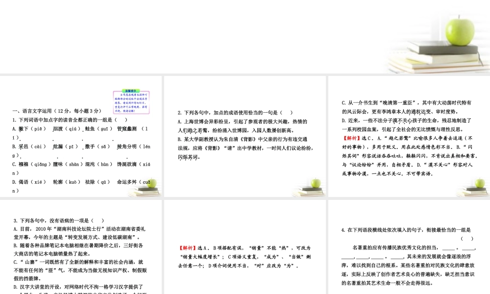 高中语文全程复习方略 阶段评估 质量检测三课件 新人教版 (湖南专用) 课件