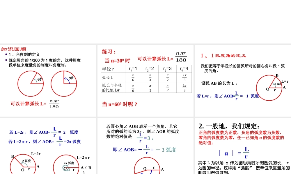 高二数学 弧度制 课件必修4 课件