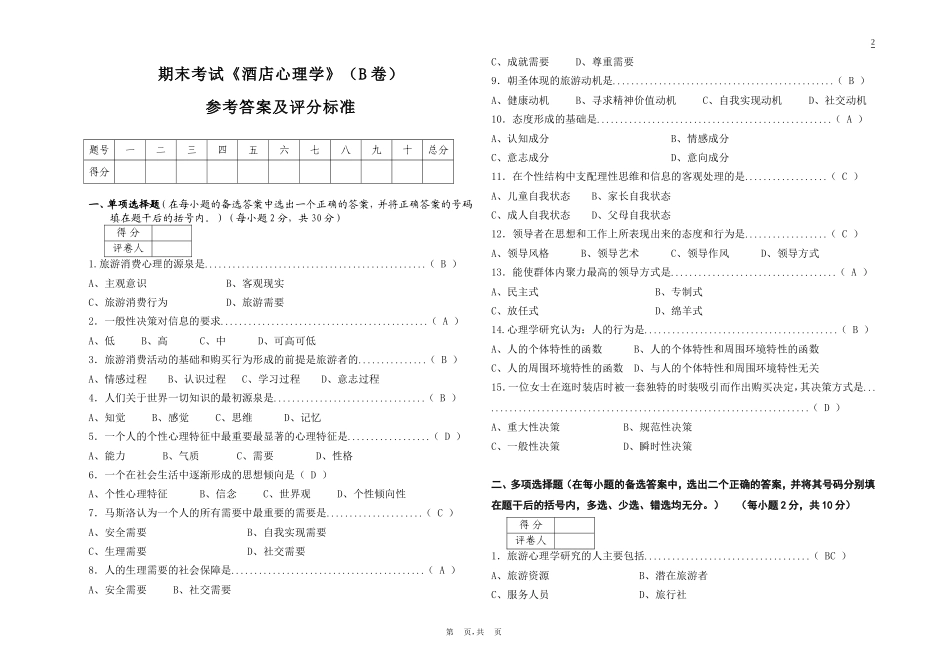 酒店心理学(专)试题(B)答案_第1页