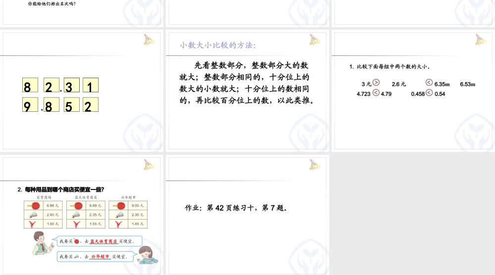 人教2011版小学数学四年级“小数的大小比较”课件