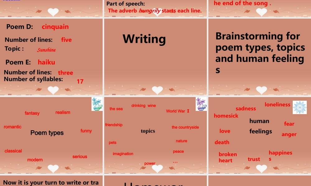 高中英语 Unit 2 Poems Extensive reading and writing 课件 新人教版选修6 课件