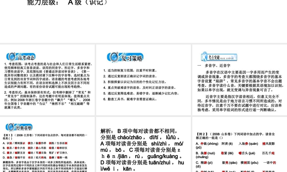 高中语文备战２０１０精品课件：考点突破(第一节  字音) 课件
