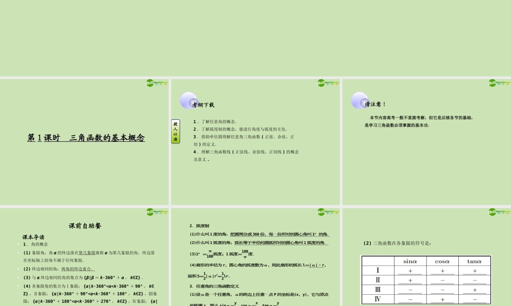 高考数学一轮复习 三角函数及三角恒等变换 三角函数的基本概念调研课件 文 新人教A版 课件