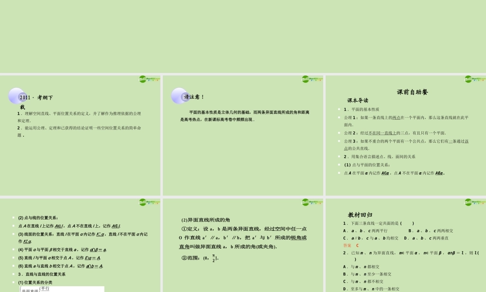 高考数学一轮复习 空间点_线_面间的位置关系调研课件 文 新人教A版 课件