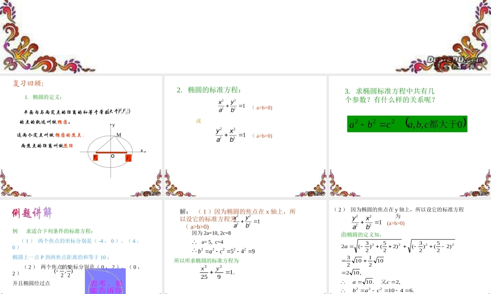 椭圆及其标准方程ppt课件 高二数学椭圆系列课件 人教版 高二数学椭圆系列课件 人教版