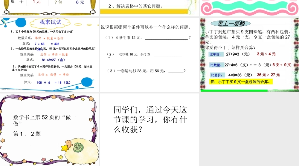 人教版四年级上册：单价、数量、总价课件