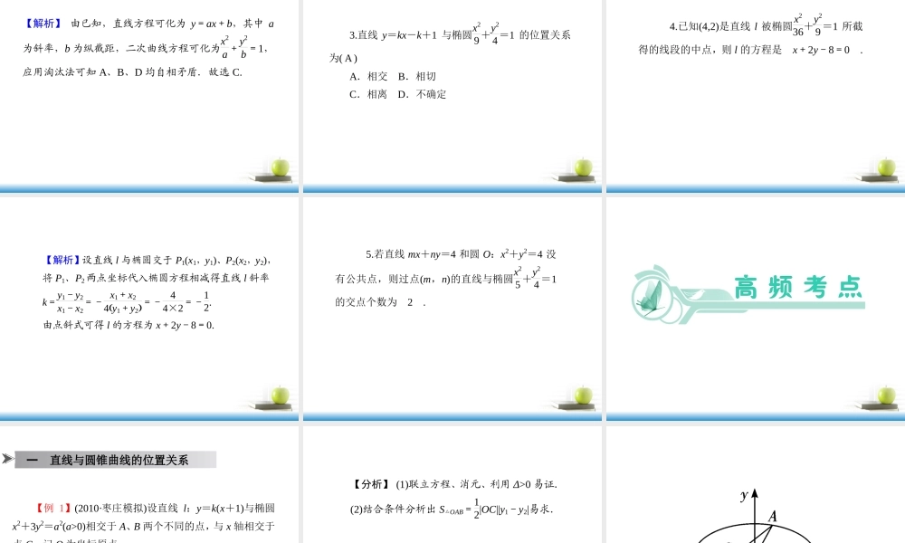 高考数学第一轮总复习 第59讲 直线与圆锥曲线的位置关系课件 文 (湖南专版)  课件