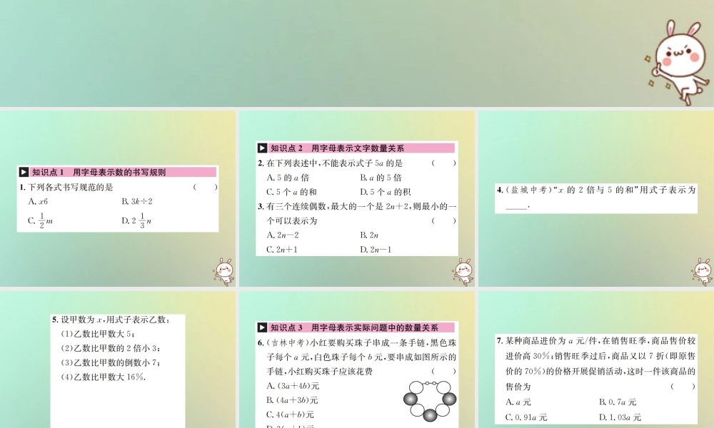 秋七年级数学上册 第2章 整式的加减 2.1 整式 第1课时 用字母表示数习题课件 (新版)新人教版 课件
