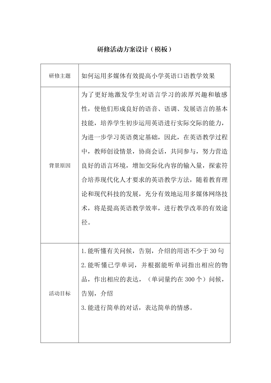 运用多媒体提高小学英语口语教学效果研修活动设计方案(模板)_第1页