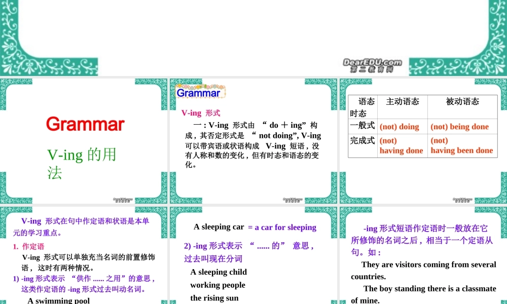 高一英语Unit4语法 V-ing 的用法课件 新课标 人教版 必修4 课件