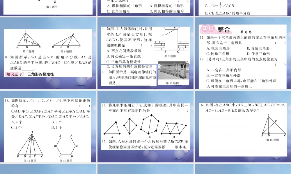 秋八年级数学上册 11.1.2 与三角形有关的线段 11.1.3 三角形的稳定性课件 (新版)新人教版 课件