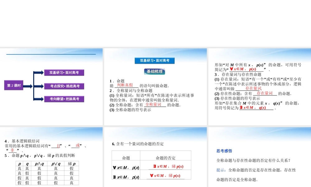 高考数学总复习 第1章第2课时命题与量词、基本逻辑联结词精品课件 文 新人教B版 课件