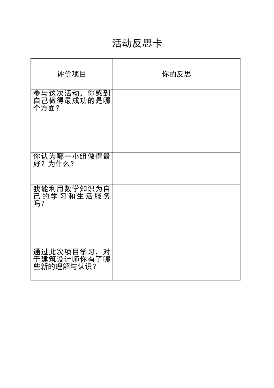 人教2011版小学数学三年级活动反思卡_第1页