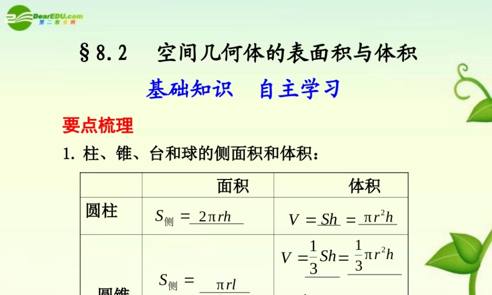 高考数学 8.2  空间几何体的表面积与体积总复习课件
