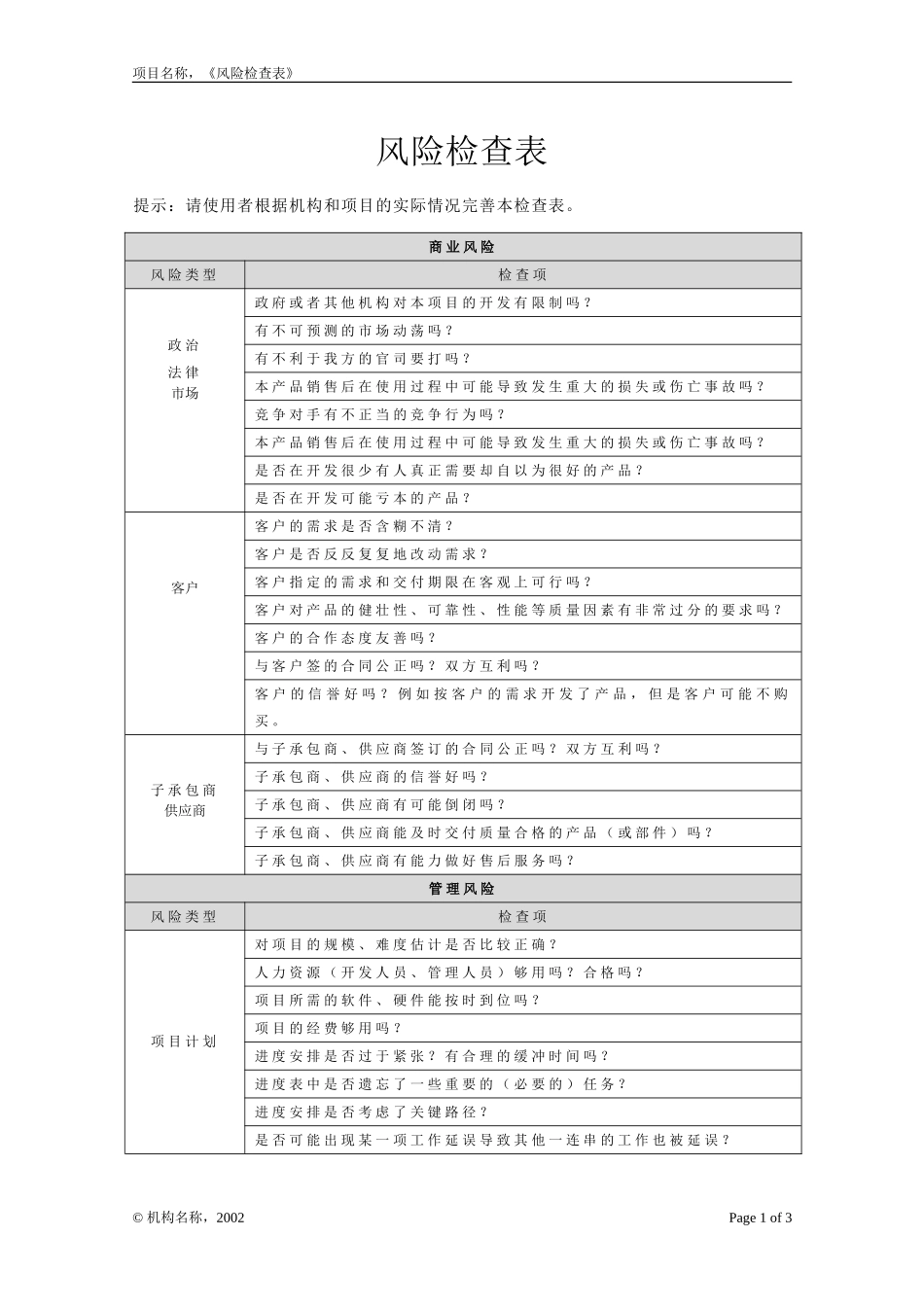 项目风险检查表_第1页