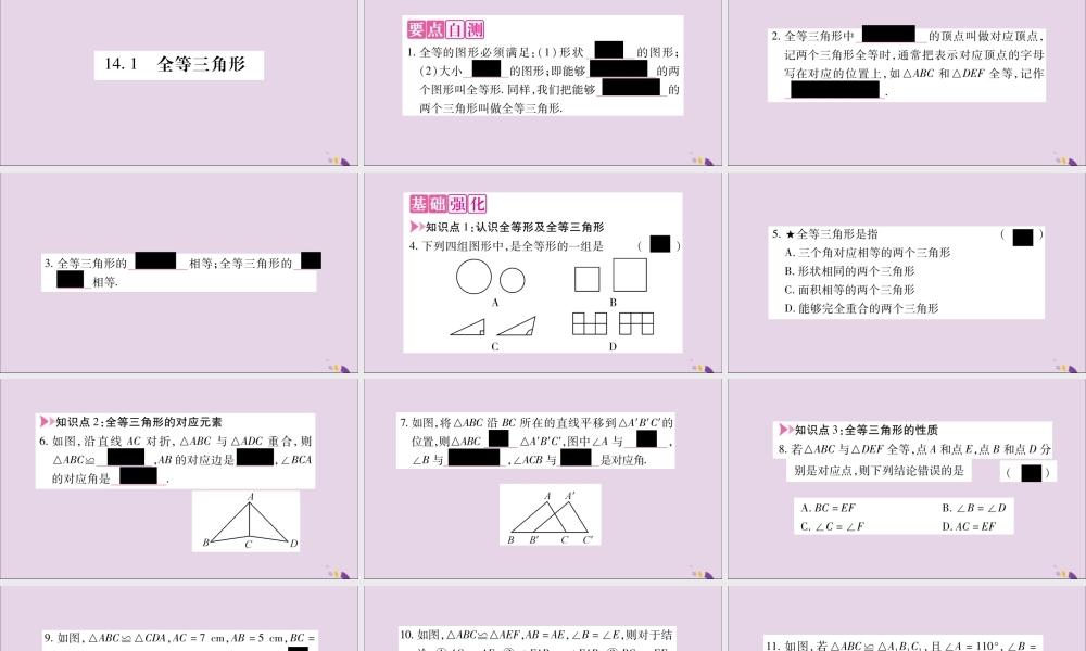 秋八年级数学上册 第14章 全等三角形 14.1 全等三角形习题课件 (新版)沪科版 课件