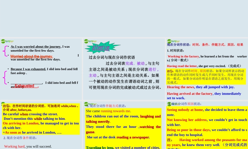 高中英语 现在分词作状语课件 新人教版选修6 课件
