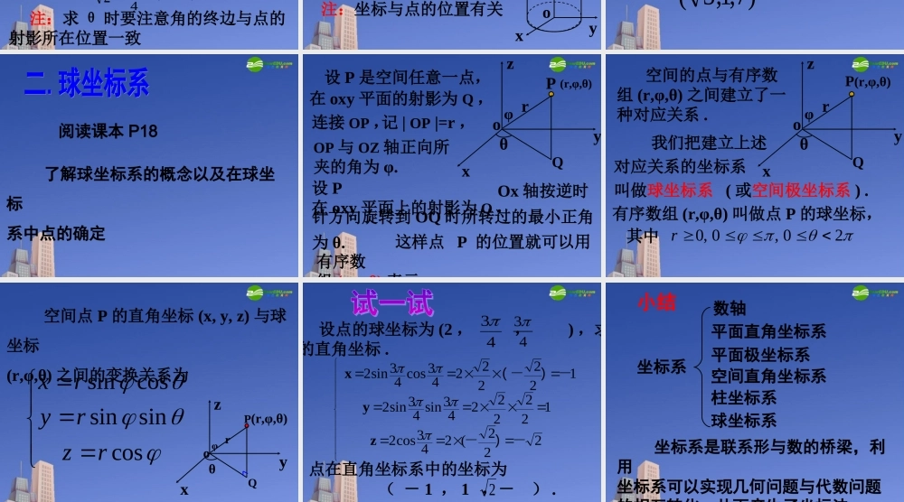高中数学 柱坐标系与球坐标系课件 新人教A版选修4 课件
