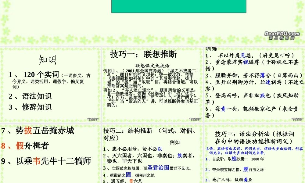 高考语文文言实词推断方法课件 新课标 人教版 课件