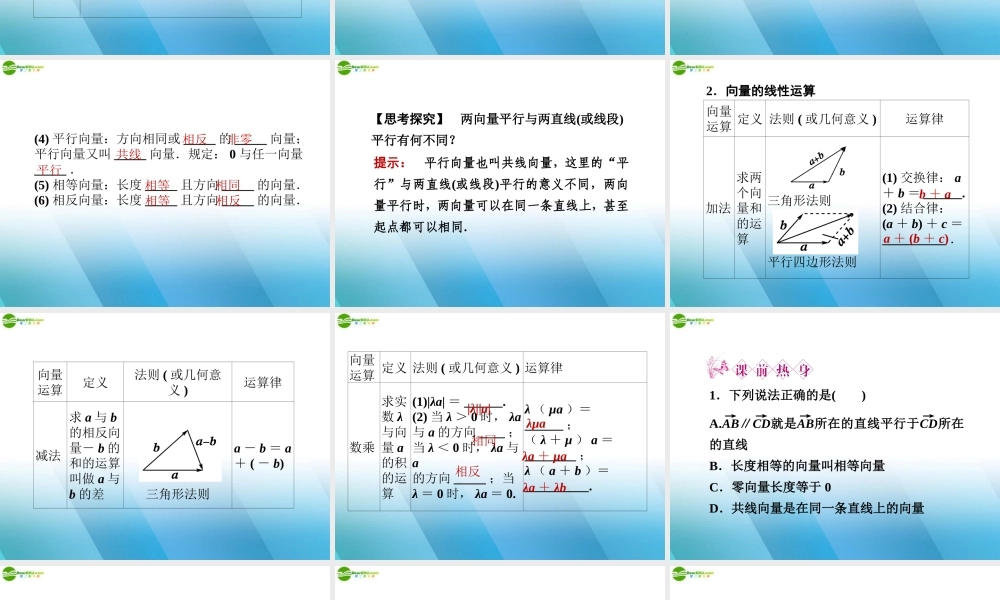 高三数学一轮复习 第四章 第1课时 平面向量的概念及其线性运算课件 理 新人教A版 课件