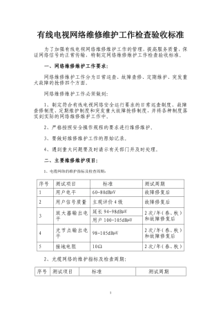 有线电视网络维护工作检查验收标准