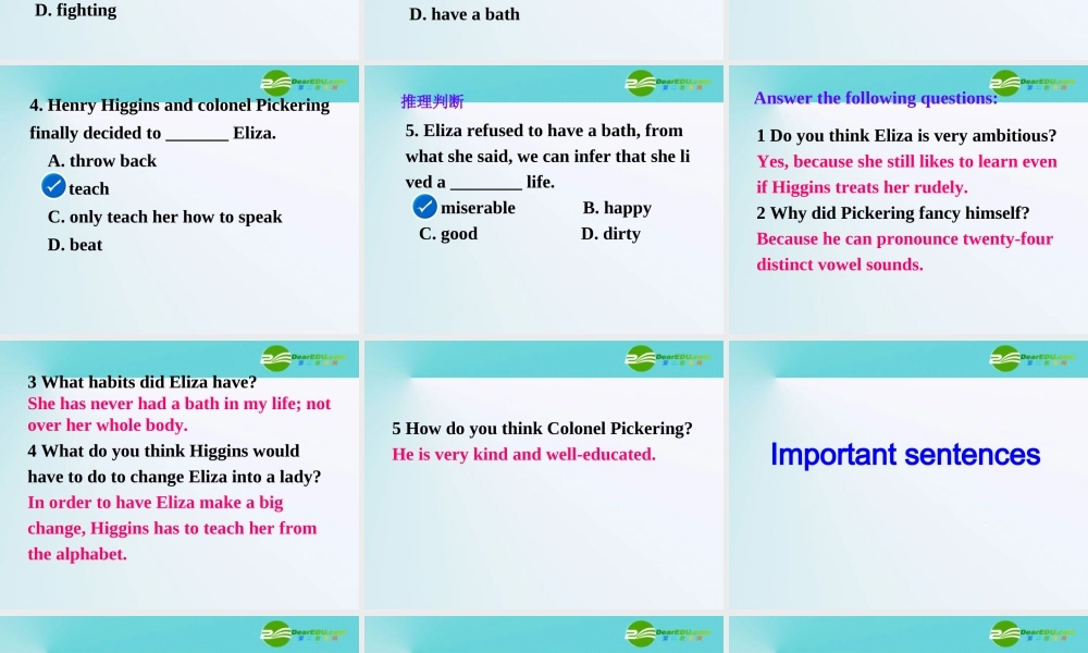 高中英语 Unit 4 Pygmalion-Reading2课件 新人教版选修8 课件