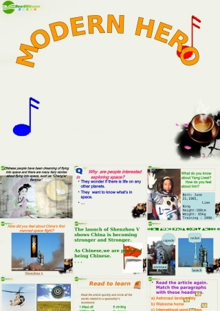 高中英语 Unit2(Heroes)Lesson1 Modern Heroes课件3 北师大版必修1 课件