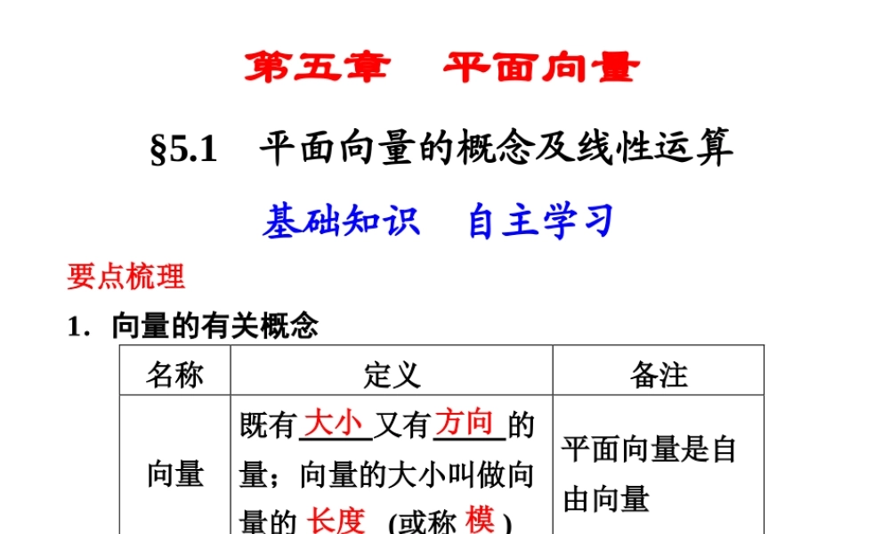 高三数学大一轮复习 5.1平面向量的概念及线性运算课件