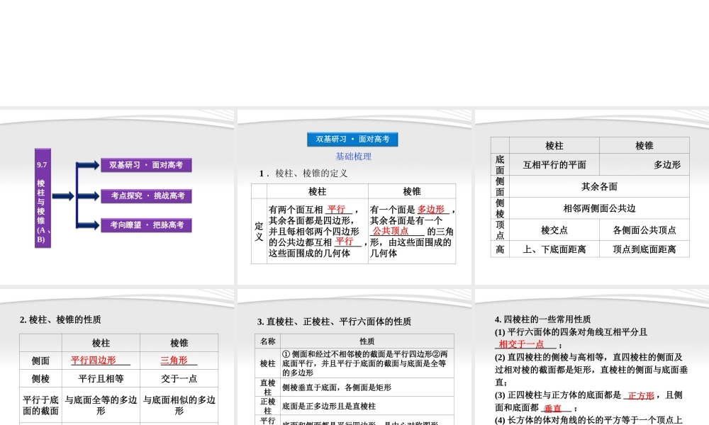 高考数学总复习 第9章§9.7棱柱与棱锥(A、B)精品课件 大纲人教版 课件