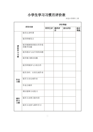 小学生学习习惯月评价表
