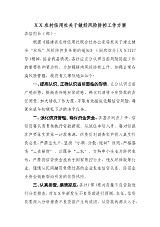 农村信用社关于做好风险防控工作方案