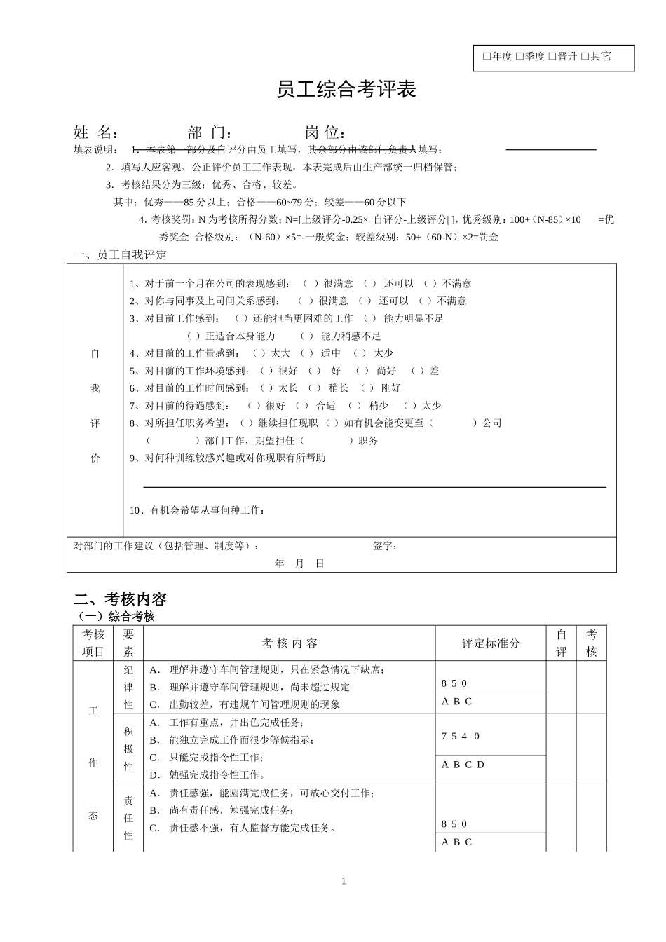 普通员工绩效考核表_第1页