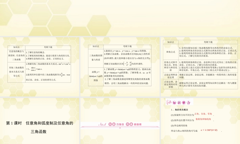 高三数学一轮复习 第3章  三角函数第1课时 任意角和弧度制及任意角的三角函数精品课件 文 北师大版 课件