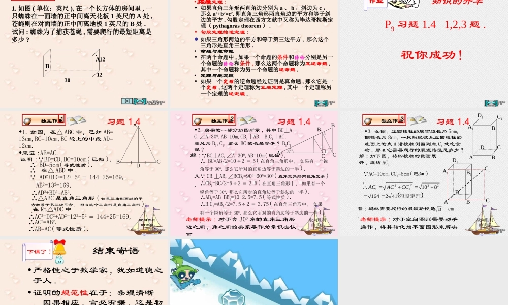 直角三角形1 福建省南平地区九年级数学上册第一章 证明(二)整章课件集二 北师大版