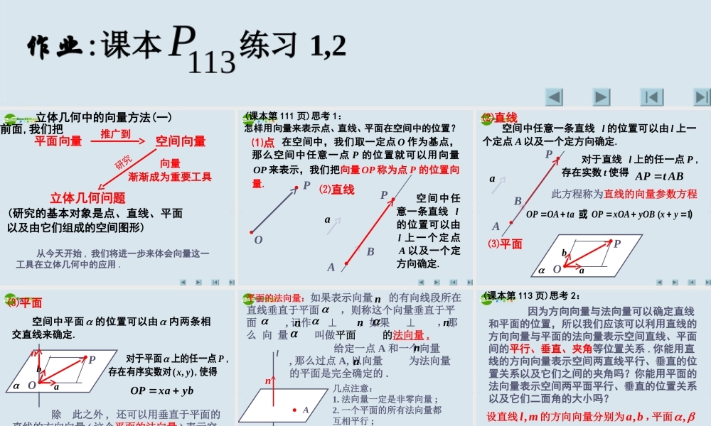 高中数学 立体几何中的向量方法一课件 新人教A版选修2 课件