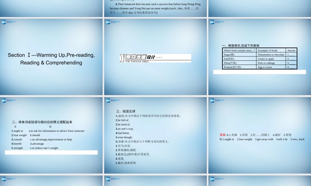高中英语 Unit2 Healthy eating Section Ⅰ— Warming Up,Pre-reading,Reading & Comprehending课件 新人教版必修3 课件
