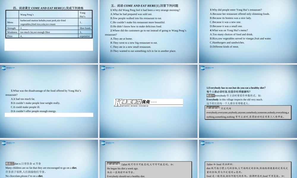 高中英语 Unit2 Healthy eating Section Ⅰ— Warming Up,Pre-reading,Reading & Comprehending课件 新人教版必修3 课件