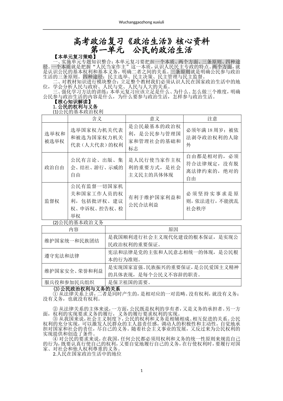 高考政治二轮父子《政治生活》核心资料_第1页