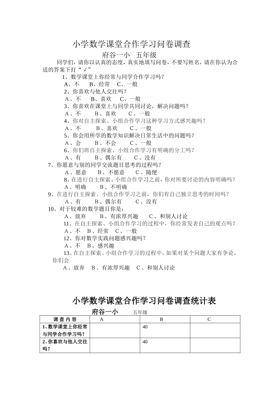 五年级合作学习问卷调查_第1页